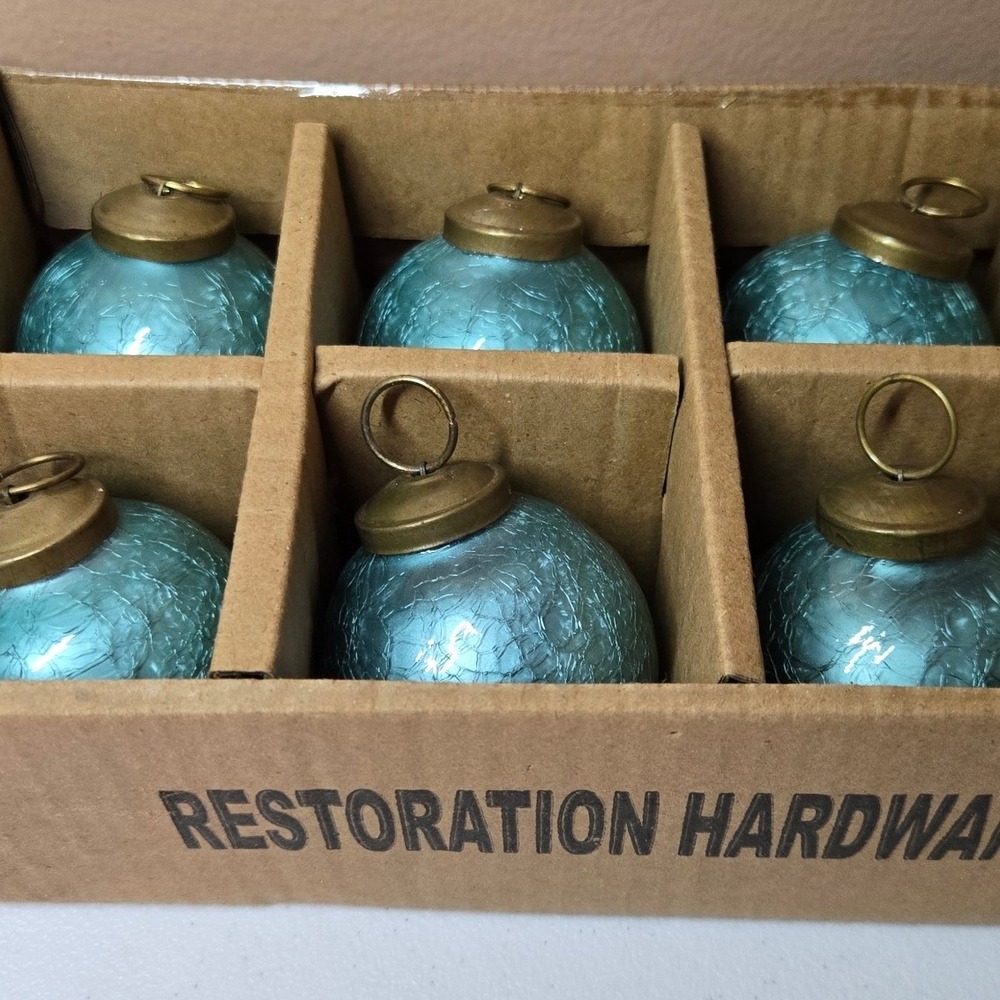 Restoration Hardware Crackle Glass Ornaments Set 6 Aqua Blue Brass Cap‎ Vintage